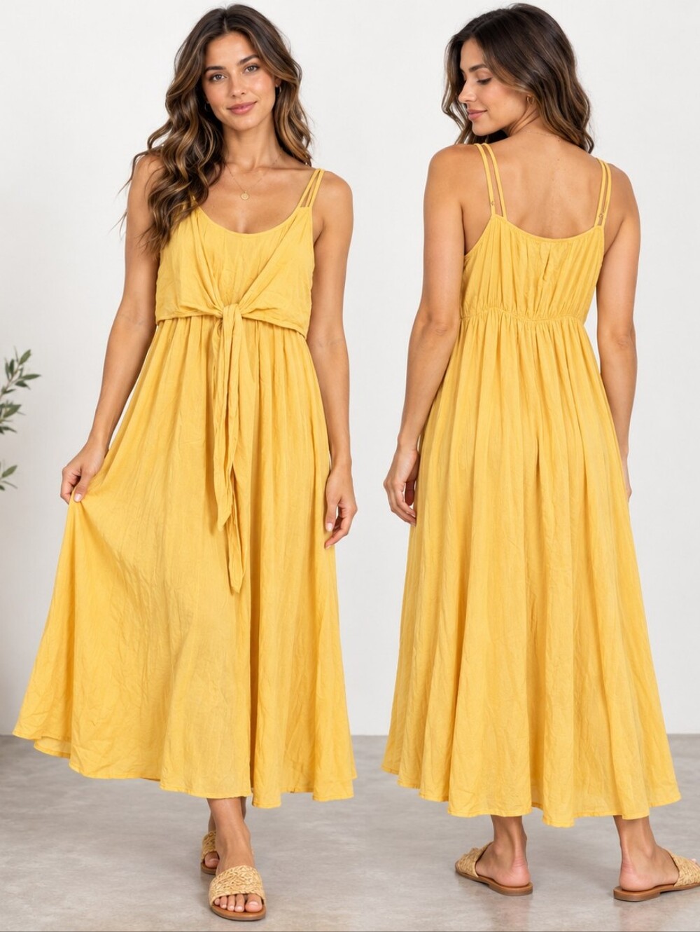 Allegra K Mustard Yellow Tie Front Maxi Dress Size M Boho Coastal Contemporary C